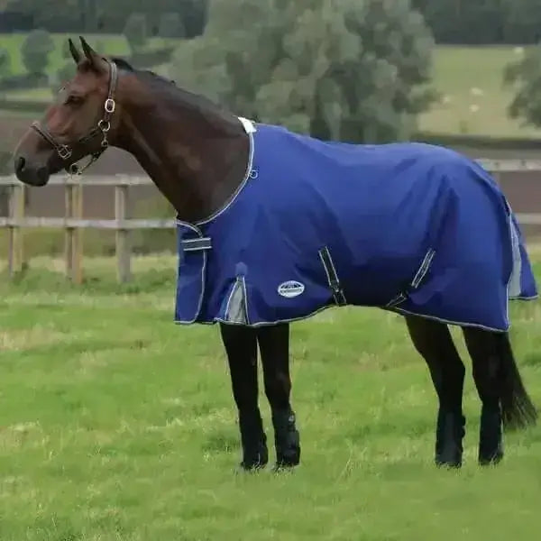 Blue weatherbeeta horse rugs with silver trim and black straps featuring comfitec premier free concealed ezi-buckle closure