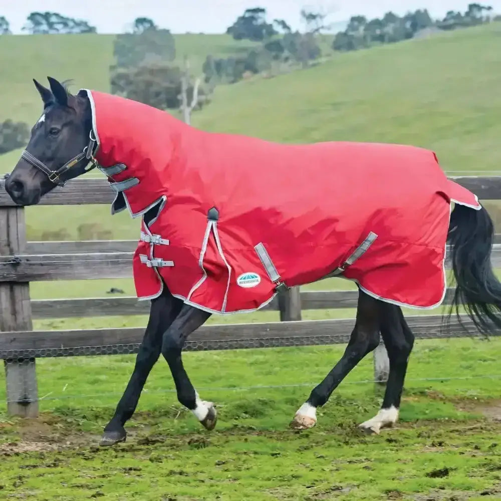 Red waterproof weatherbeeta turnout rugs comfitec classic 220g medium combo neck with reflective strips and adjustable straps