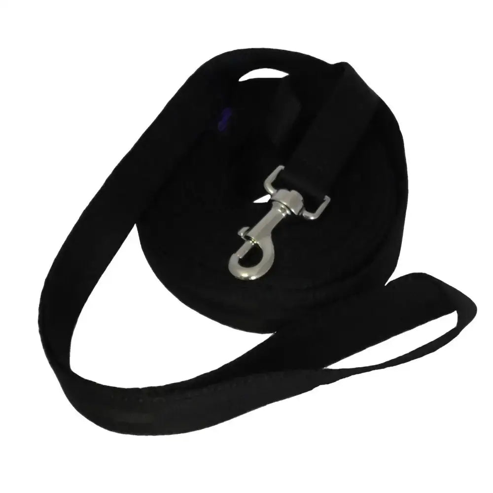 Black fabric webbing lunge rein with 25mm soft webbing, 45cm loop handle, and silver metal clasp retractable leash