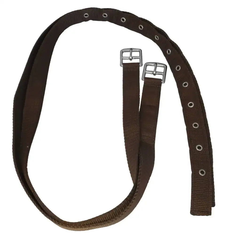 Brown canvas webbing stirrup leathers with nickel plated eyelets and silver buckles perfect for tack shop use