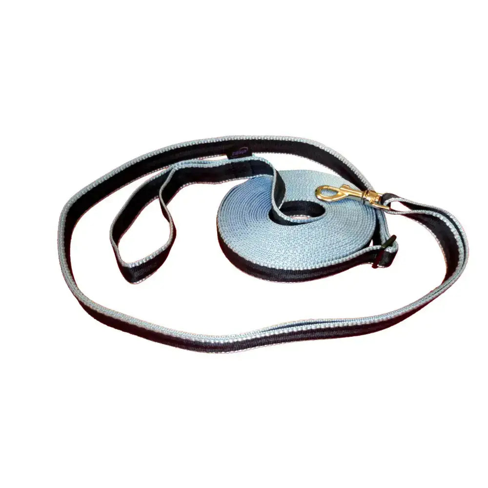 Silver and black reflective webbing tracking trailing lead with gold tone clasp for equestrian and dog use