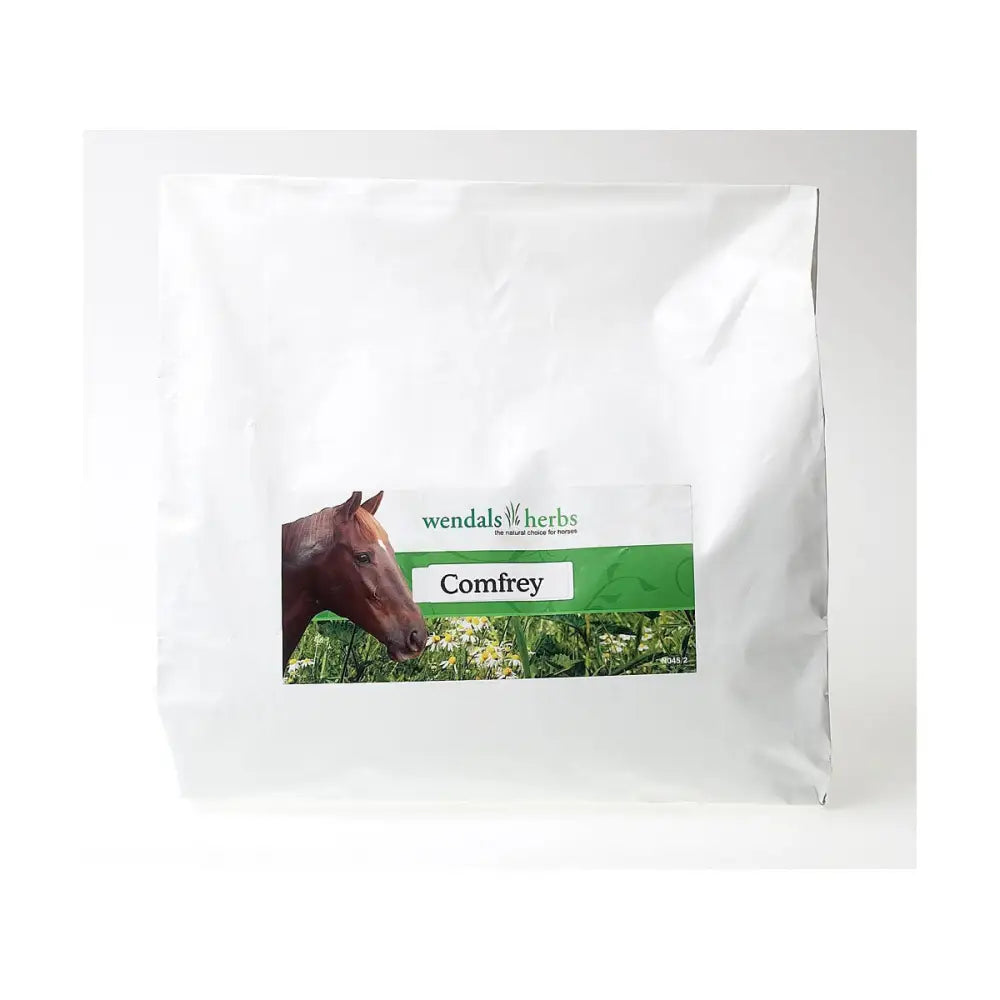 White pouch of wendals comfrey herbal powder with green label showing brown horse for maintain natural healing horse supplements