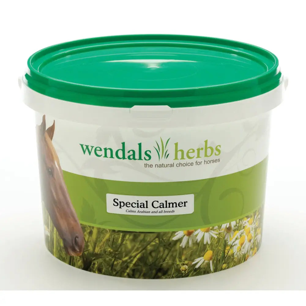 Green-lidded plastic tub of wendals special calmer natural horse supplement developed specifically for arab breeds with daisy label