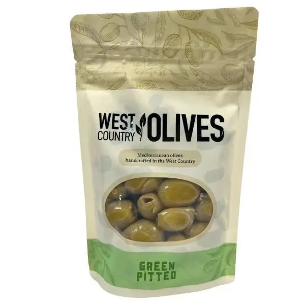 A resealable pouch of west country green pitted olives with olive branch patterns and a clear window featuring picante pimento olives