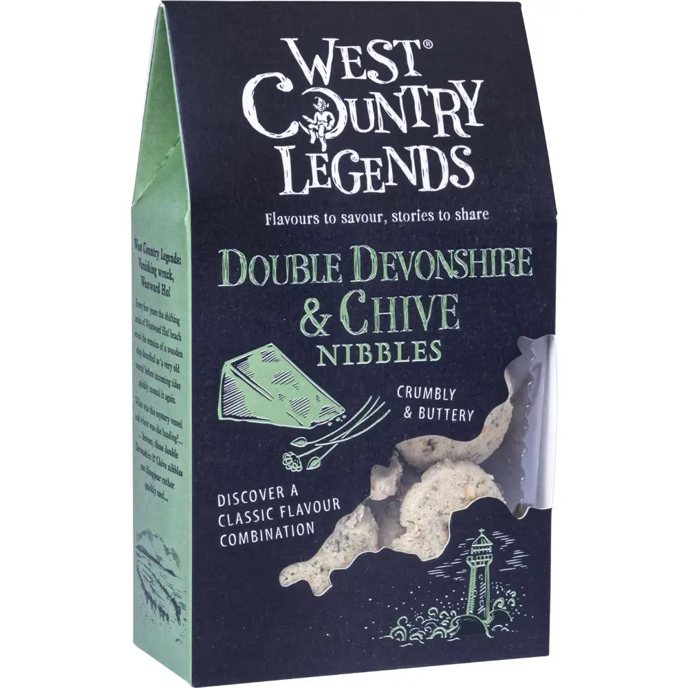 Dark blue package of west country legends double devonshire & chive nibbles with cheese slices and chives design