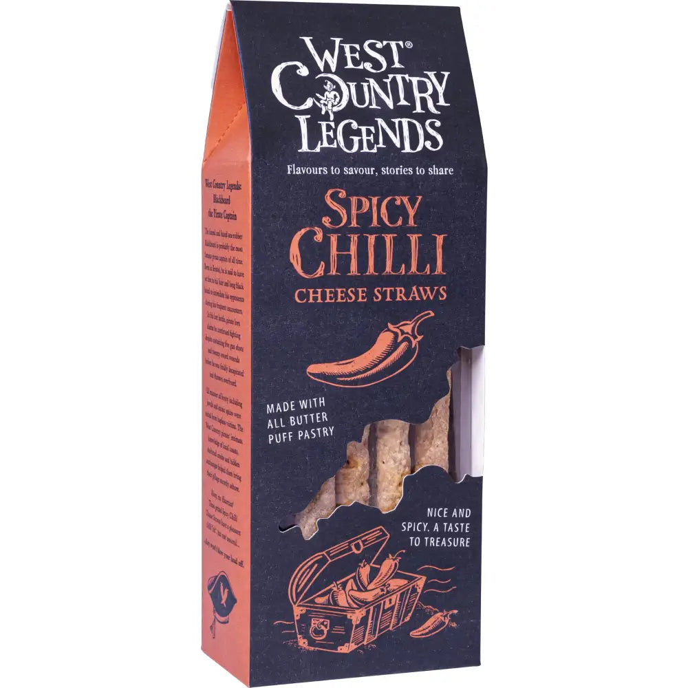 Dark blue and orange packaged west country legends farmhouse cheddar cheese straws made with all butter puff pastry
