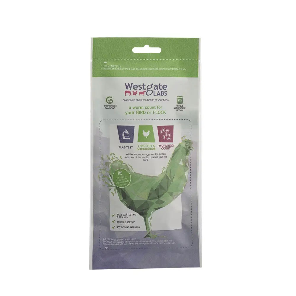 Westgate laboratories worm count kit in green and white zero waste design package with chicken illustration