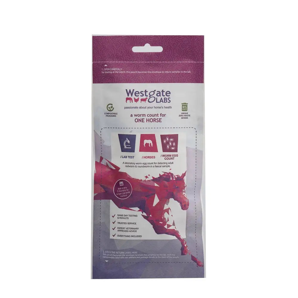 Westgate laboratories worm count kit in white and purple packaging with red horse graphic unique zero waste design