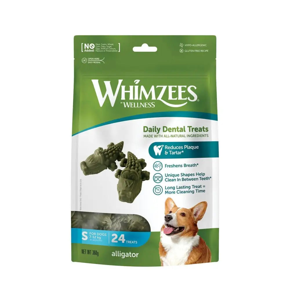 Green and white whimzees alligator treat pack featuring dark green alligator-shaped daily dental treats for dogs