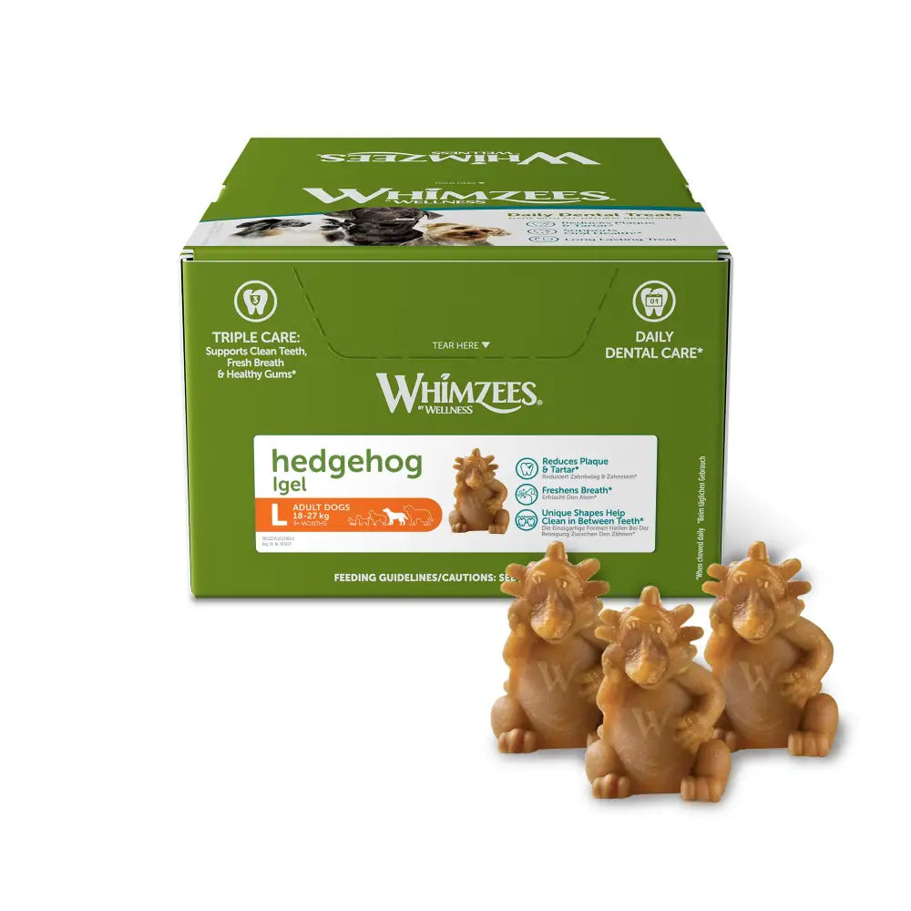 Brown whimzees hedgehog display box l x30 dog dental treats with low crude fat for adult dogs