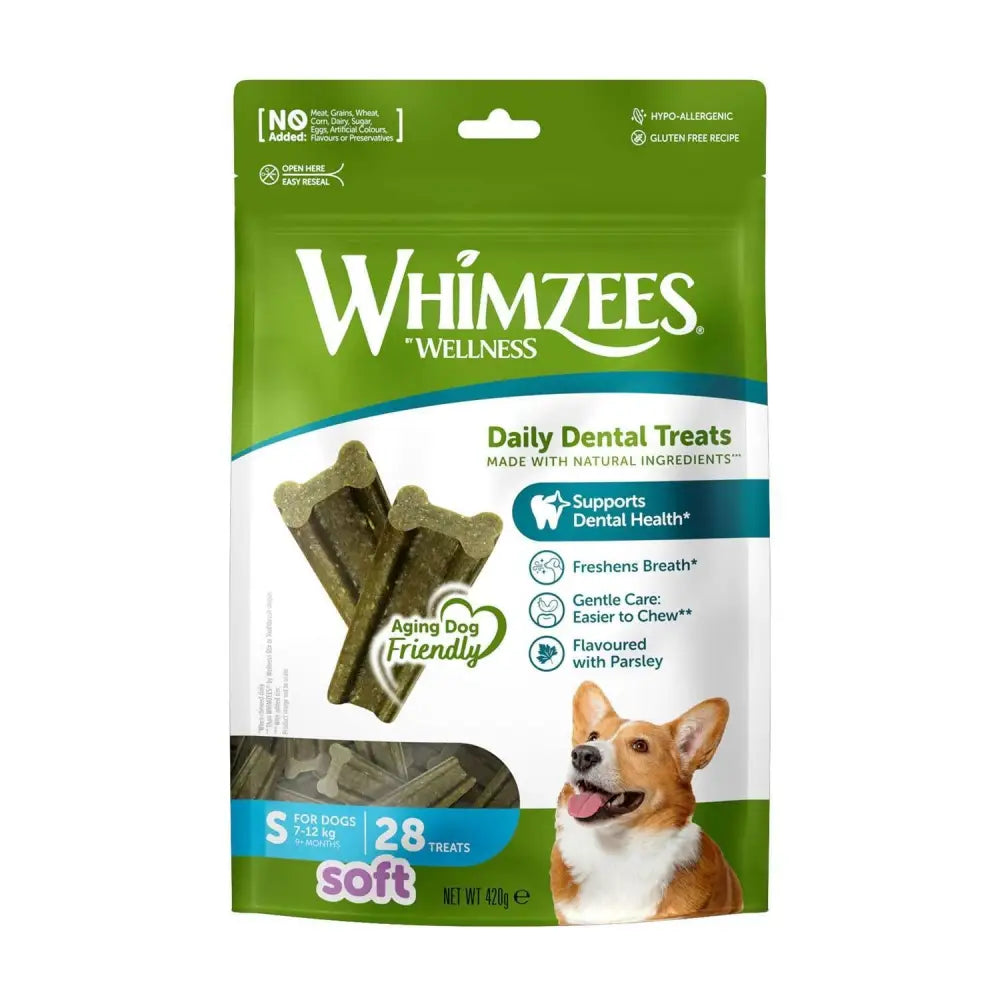 Green and white whimzees soft treat pack with parsley flavored chewy daily dental treats for dogs