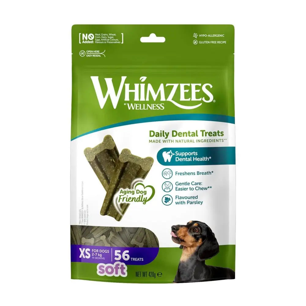 Green and white whimzees soft treat pack with parsley flavored chewy wellness daily dental treats for dogs