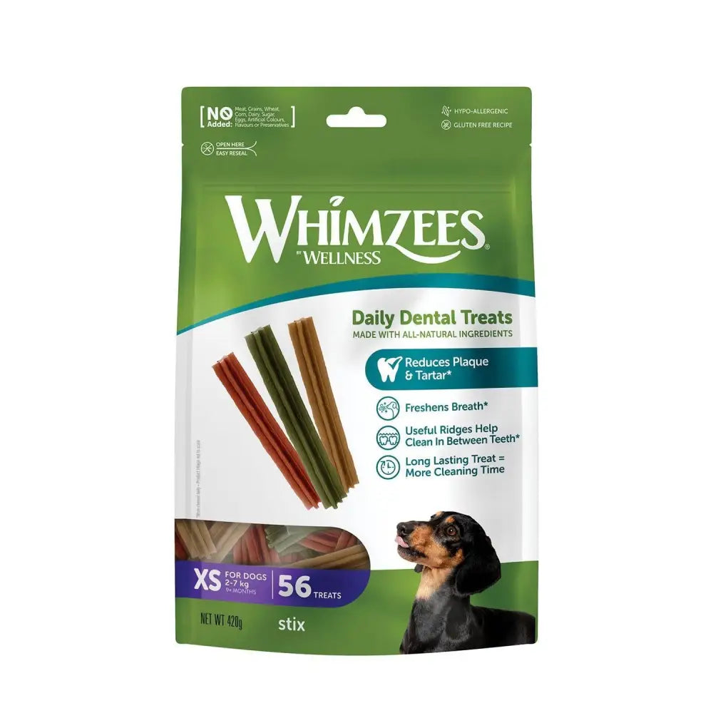 Green and white package of whimzees stix treat pack with red green and brown stick shaped dental treats for dogs