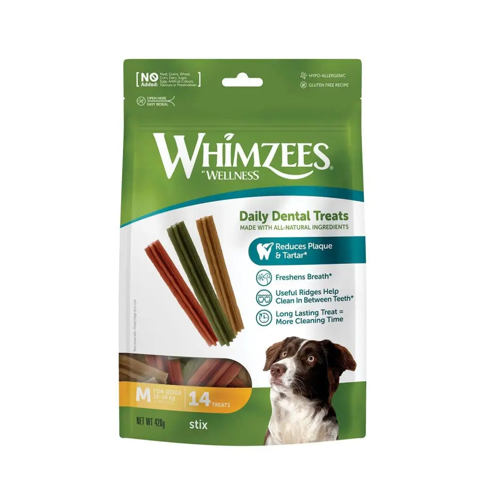 Green and white whimzees stix treat pack featuring multicolored stick shaped daily dental treats for pets