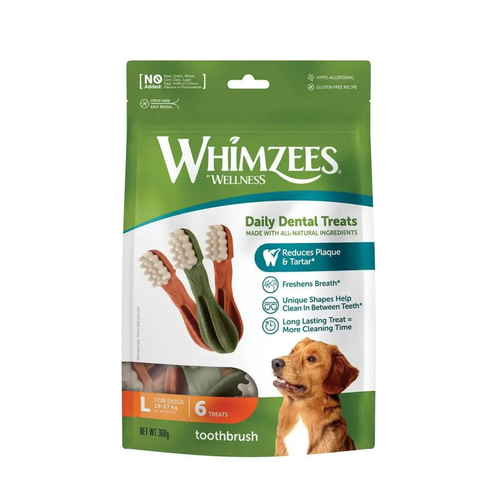 Green and white whimzees toothbrush treat pack with dog shaped daily dental treats featuring brown handles and white bristles