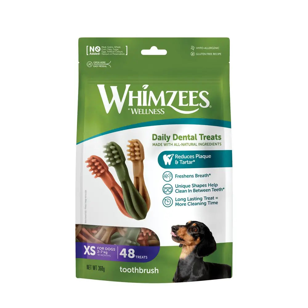 Whimzees toothbrush treat pack with green white pouch featuring three colorful toothbrush shaped dental treats