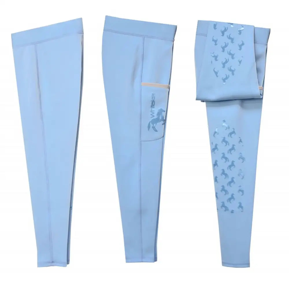 Light blue whitaker b231k diggle kids tights with a subtle horse pattern and branded thigh pocket