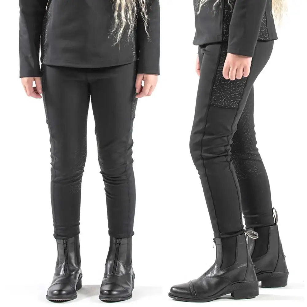 Black stretchy whitaker b255k hatfield young rider reflective tights with subtle textured side panels for riding