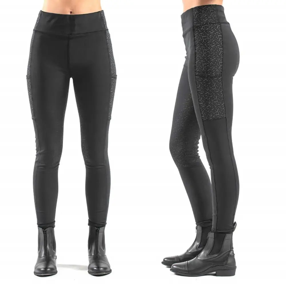 Black high-waisted whitaker b255l hatfield ladies reflective tights with textured side panels for equestrian use