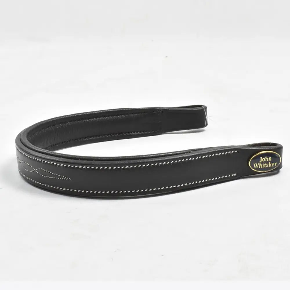 Black leather whitaker bb102 flat browband with white stitching and gold john whitaker plaque flat browband black