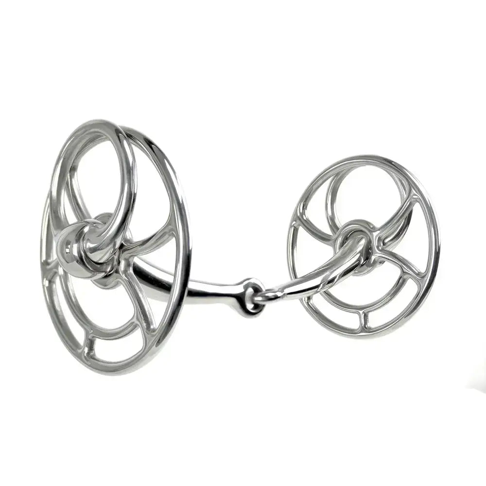 Shiny silver metal whitaker bi020 snaffle bit with intricate circular designs universal bit for versatile use