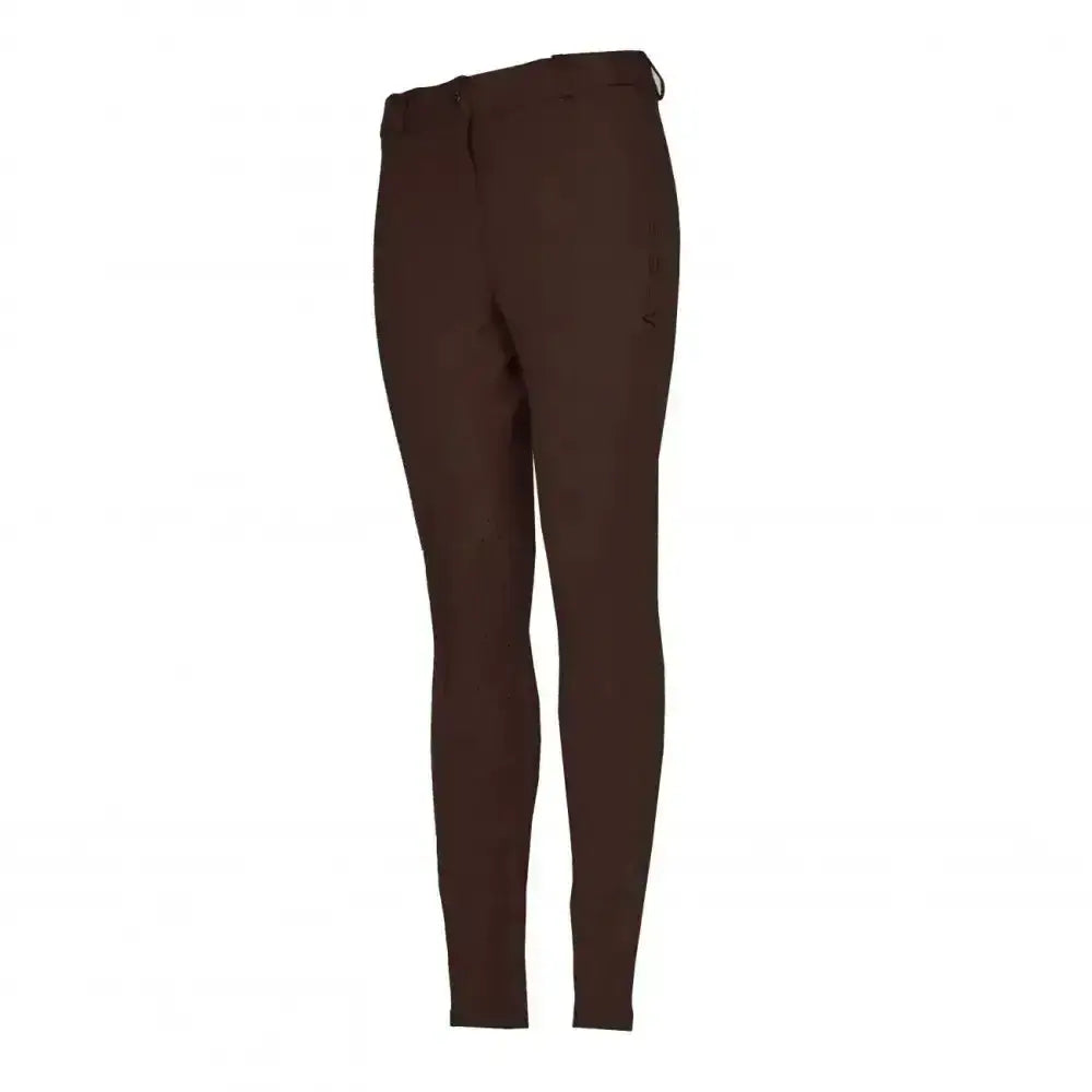 Dark brown whitaker birstall lady form-fitting riding breeches with smooth fabric and subtle side pockets
