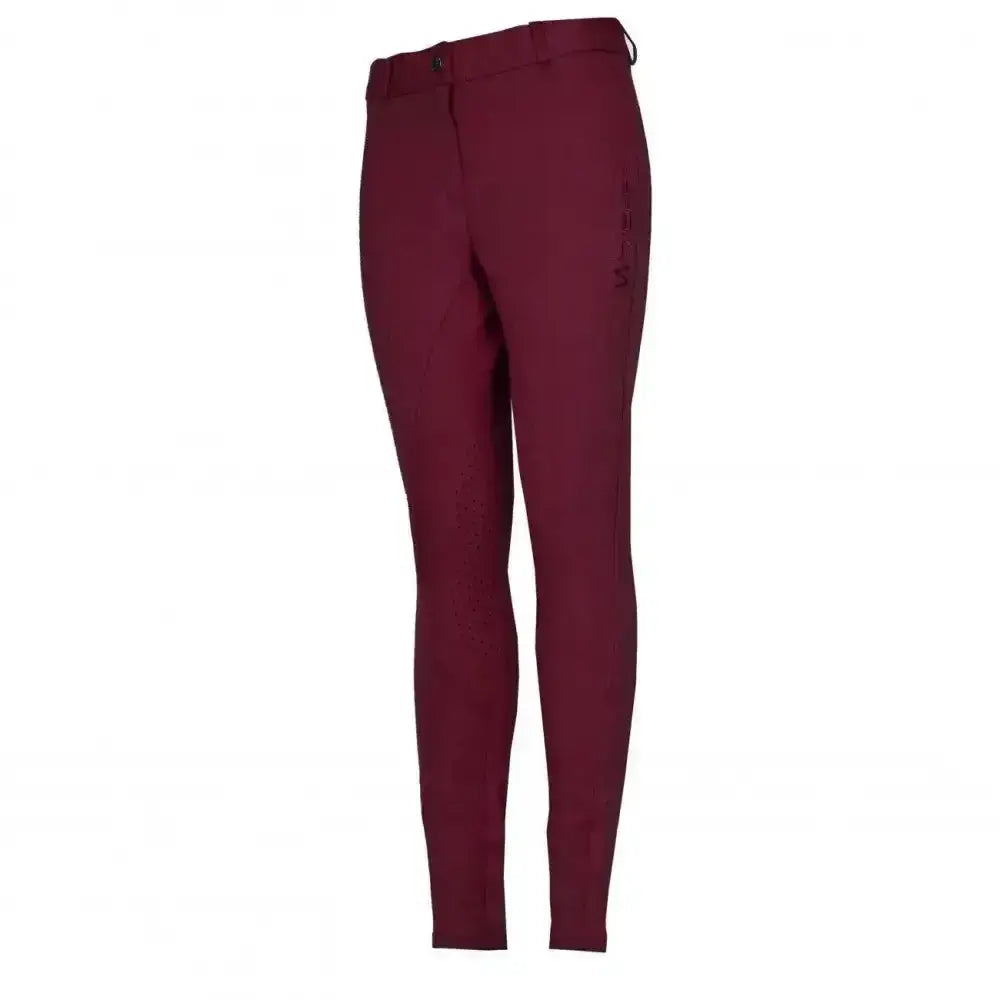 Maroon whitaker birstall lady breech with sleek form-fitting design and subtle branding on thigh ladies knitted breeches