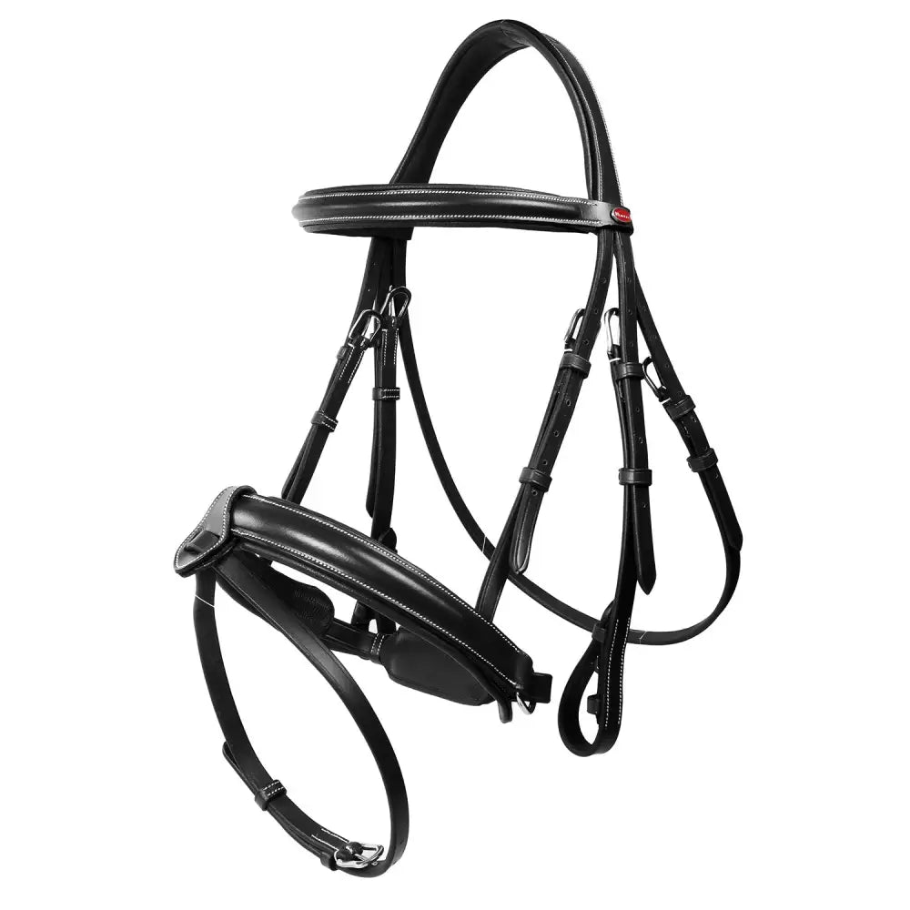 Black leather whitaker br048a eastwood crank bridle with silver stitching red logo and black reins black