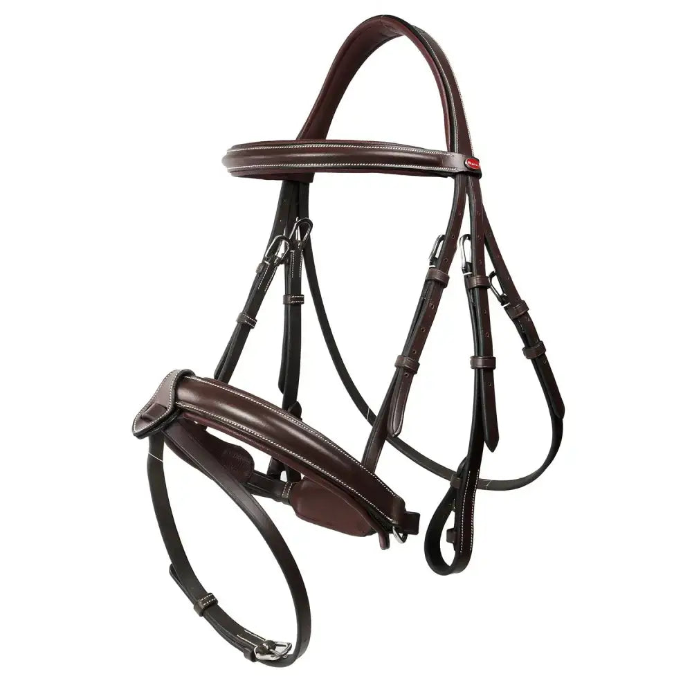 Brown leather whitaker br048a eastwood crank bridle with contrasting dark straps and silver hardware with reins havana