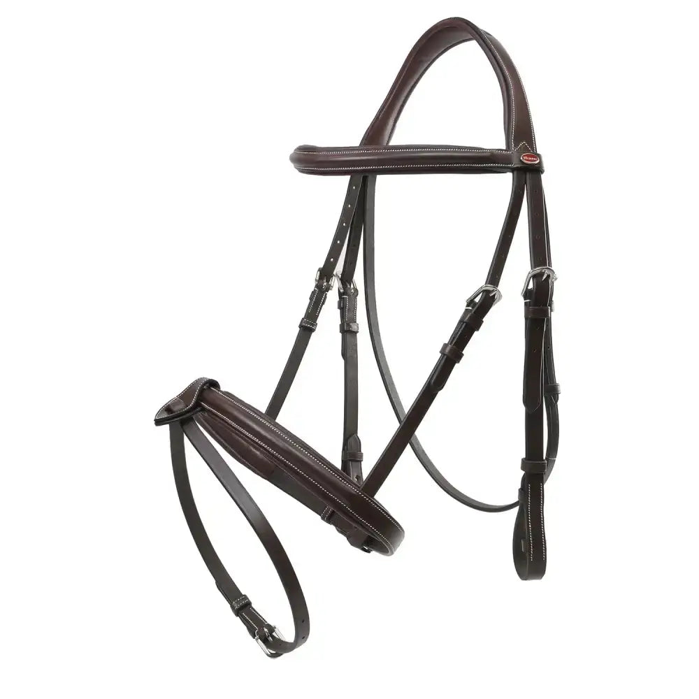 Brown leather whitaker br051a eastwood raised flash bridle with dark stitching and silver metal hardware with reins