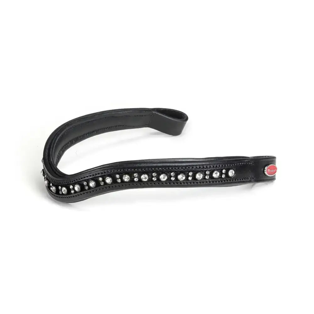 Black leather whitaker br073bb lynton curved diamante browband black with clear rhinestones and a red brand emblem