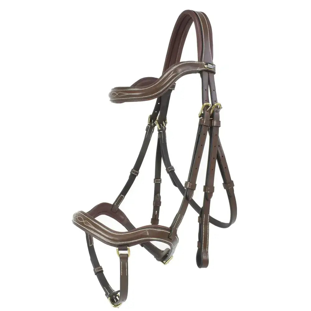 Brown leather whitaker br103 stockholm anatomic bridle havana with subtle white stitching and gold metal hardware