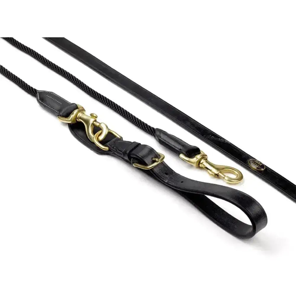 Black leather and rope draw reins rope with gold-toned hardware for control in whitaker draw reins