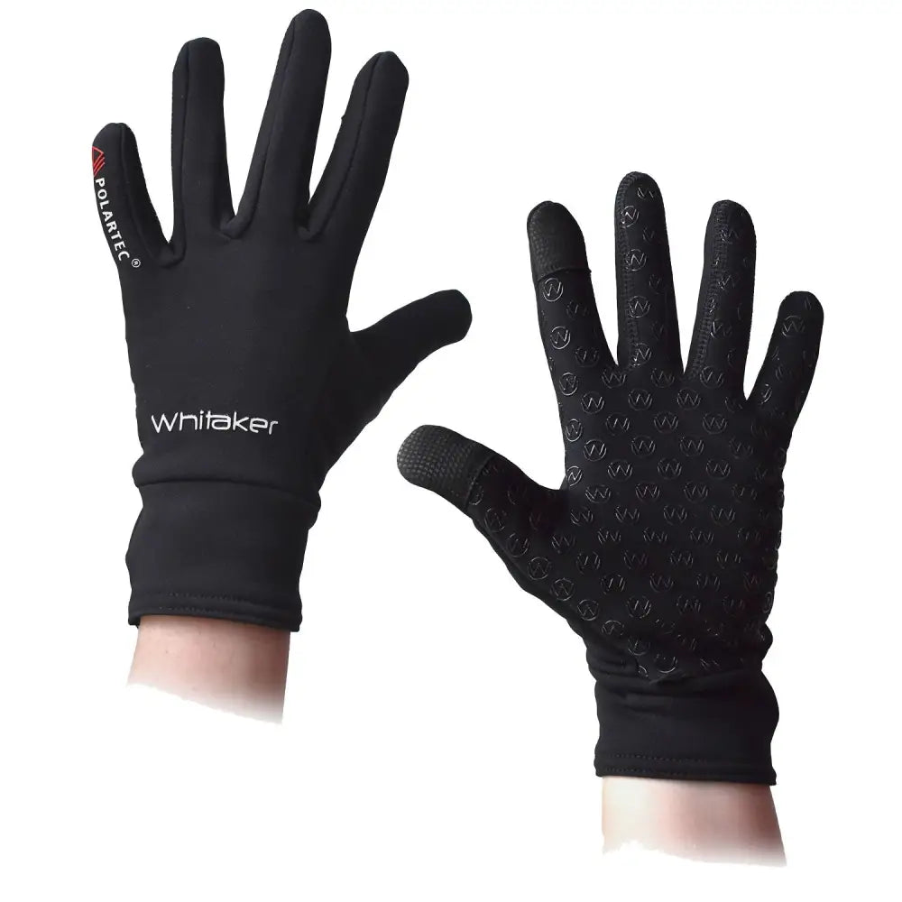 Black whitaker g039 wingate fleece gloves with textured grip and polartec branding on wrist back side view