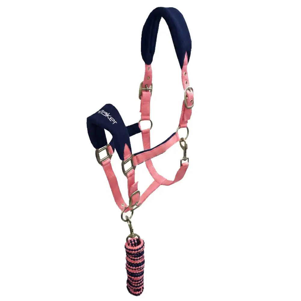 Pink and navy blue whitaker hc160 club headcollar with padded headpiece and braided rope set pink with metal buckles