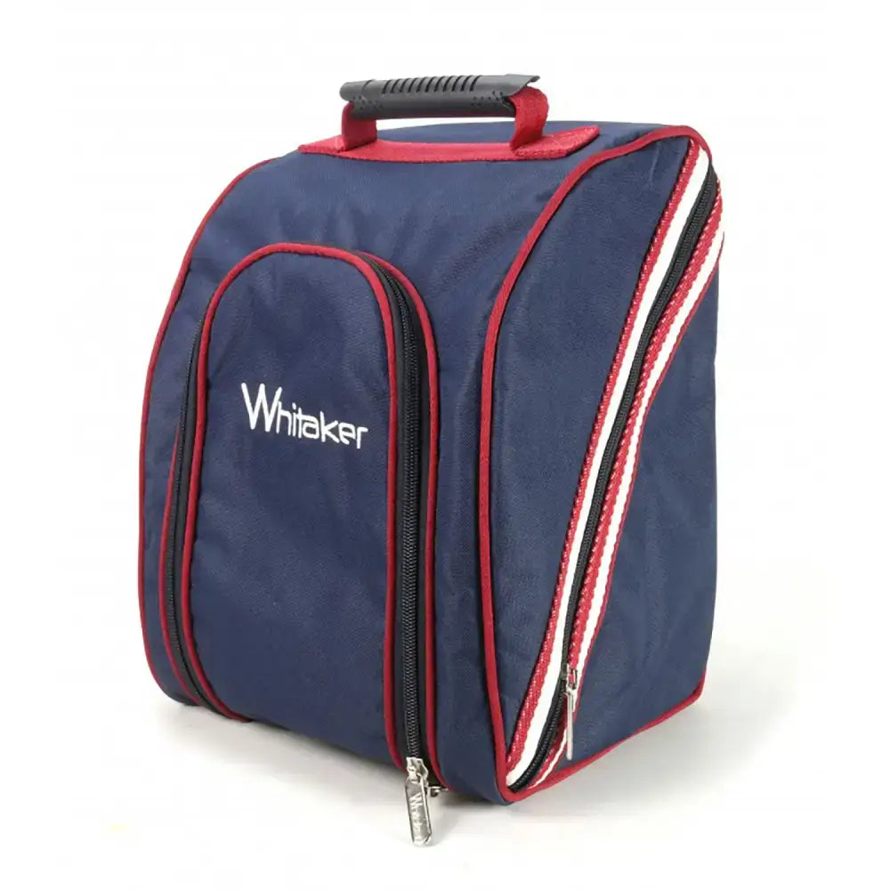 Navy blue whitaker l072 kettlewell helmet bag with red white trim black zippers and textured gray handle