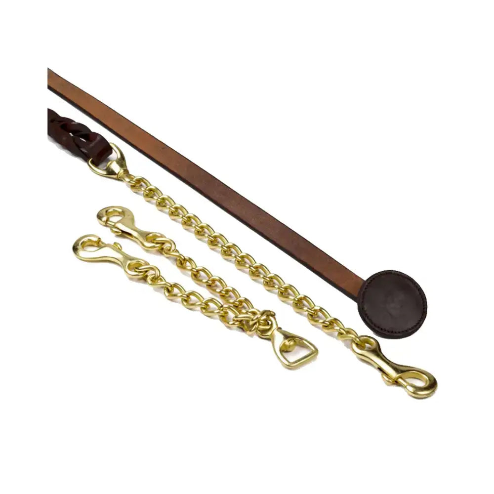 Brown leather horse lead with gold-toned chain and hardware from whitaker lcl leather show lead collection