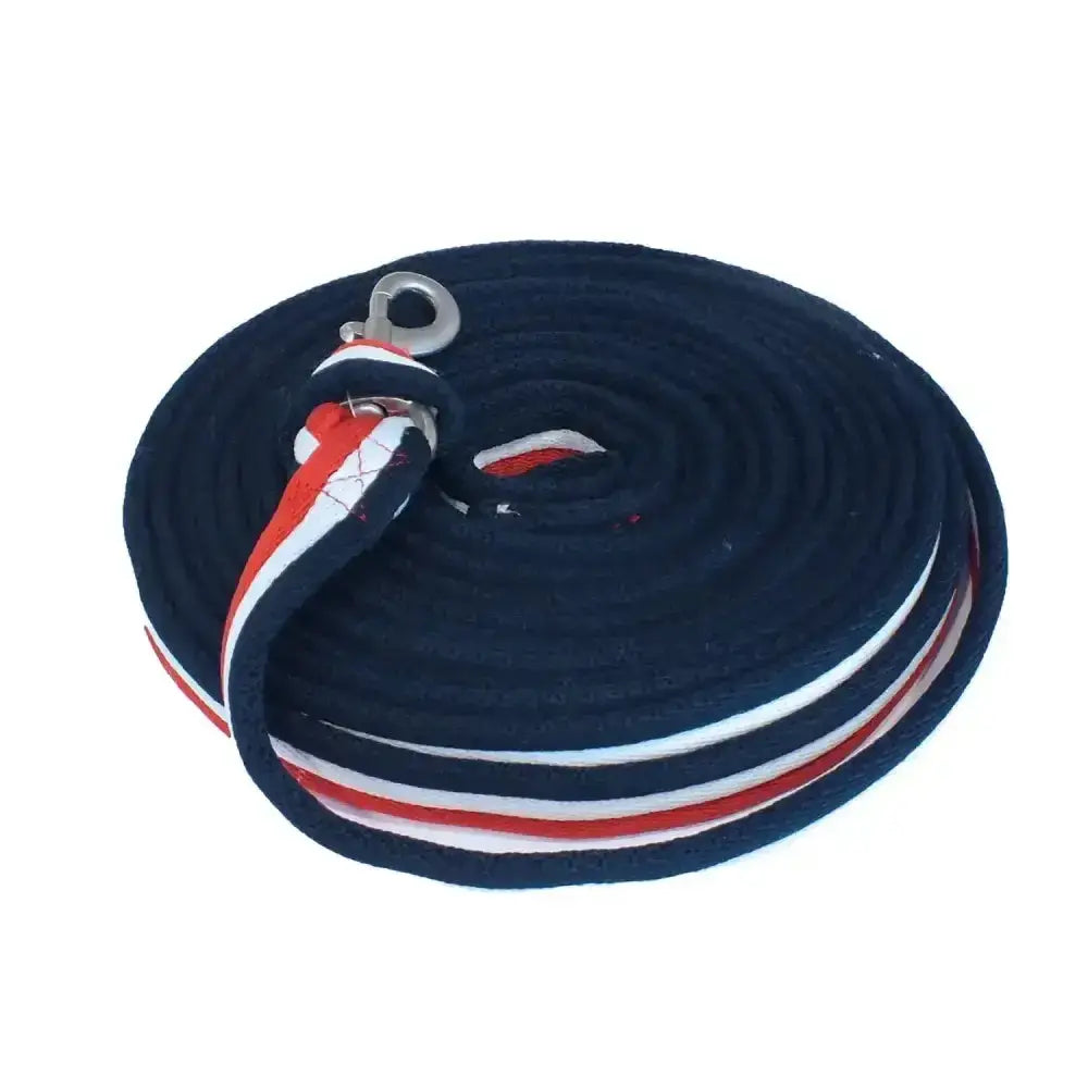 Navy blue whitaker lunge line with red white stripes and silver clasp designed for extra comfort during training