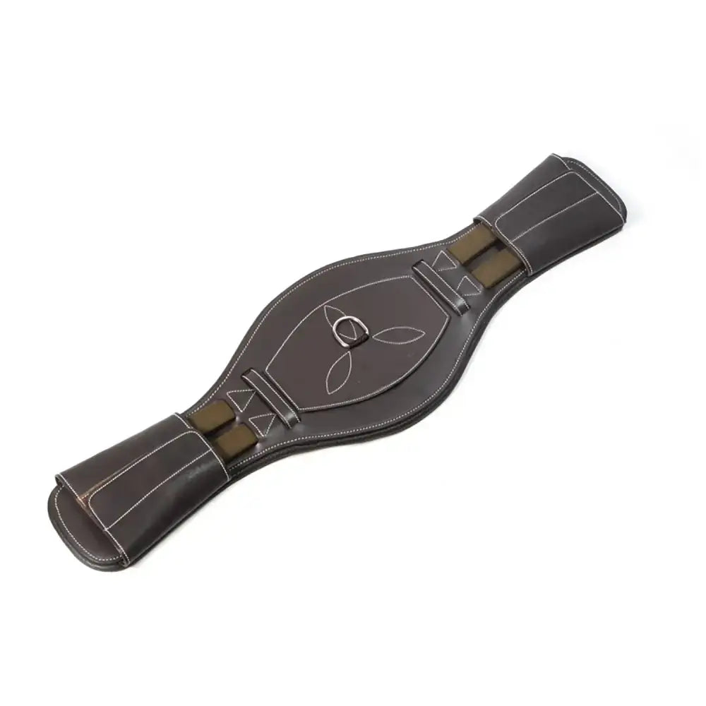 Dark brown leather event girth with white stitching and olive straps whitaker lw070 chicago perforated leather design