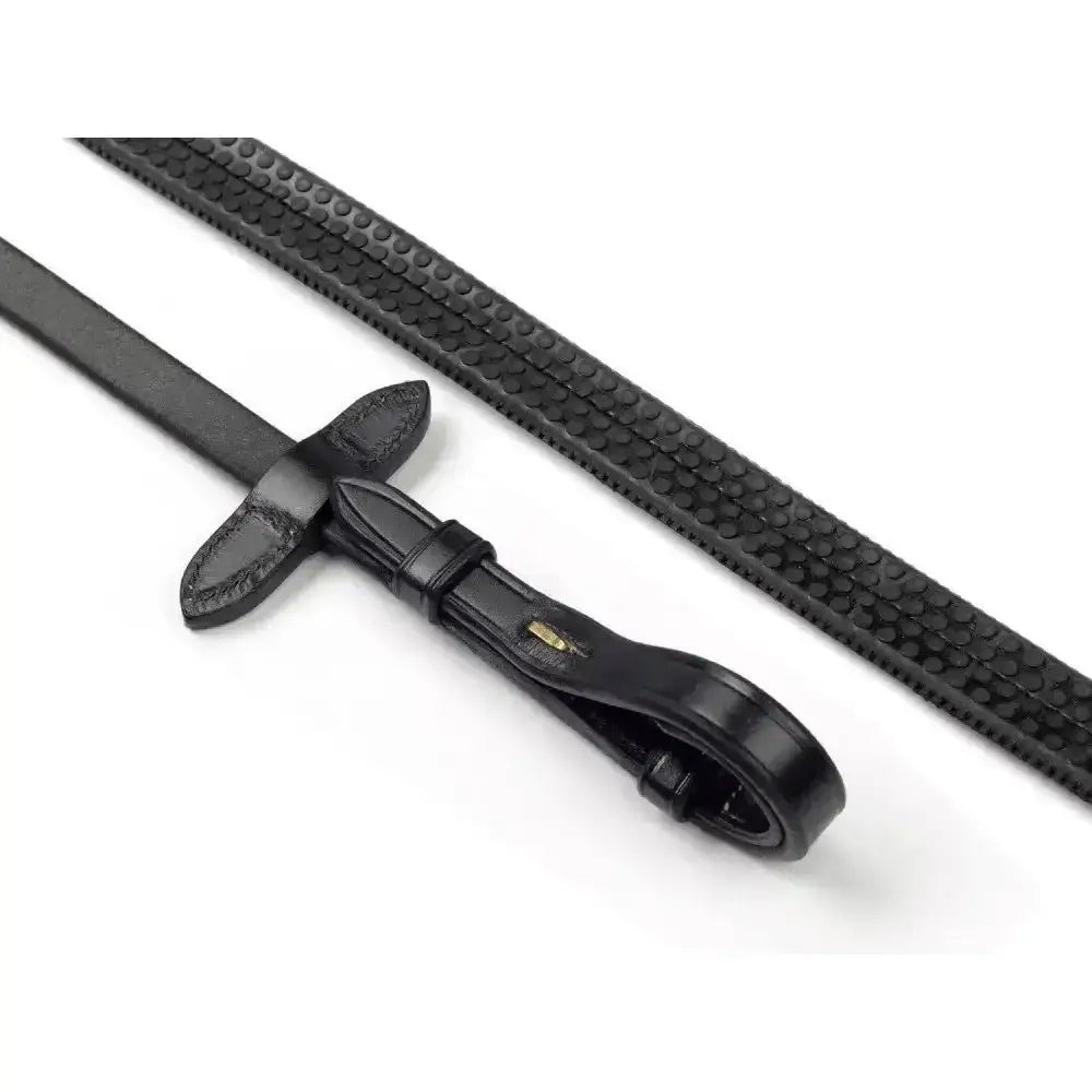 Black leather whitaker lynton rubber reins with dimpled grip and polished metal buckle 5/8 inch genuine leather