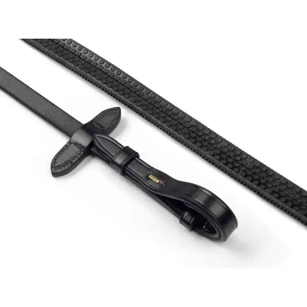 Black leather whitaker lynton rubber reins with dimpled grip and polished buckle genuine leather featuring 5/8 inch width