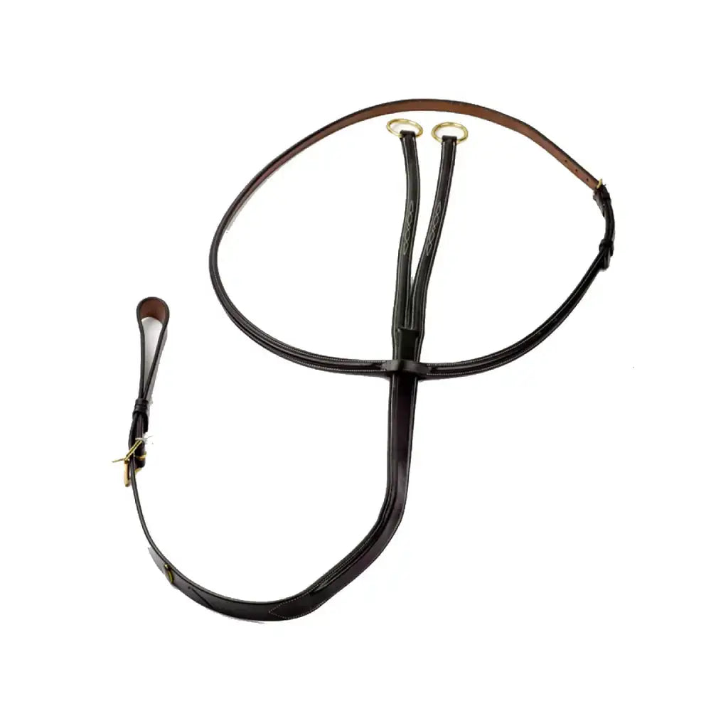 Black leather horse harness with gold-toned rings and buckle in the whitaker ma052 valencia luxury martingale style