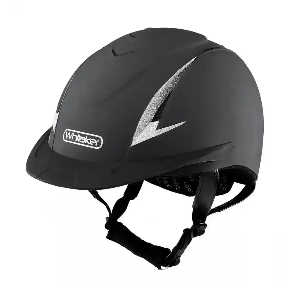 Black whitaker nrg helmet with silver lightning bolt design featuring washable coolmax lining meets astm f1163-15 standard