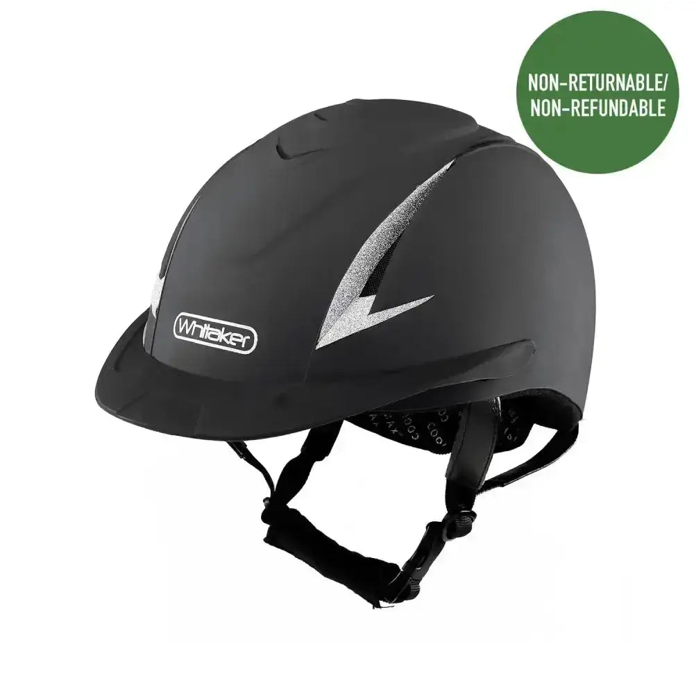 Black whitaker nrg helmet with silver lightning bolt design meets astm f1163-15 standard and has washable coolmax lining