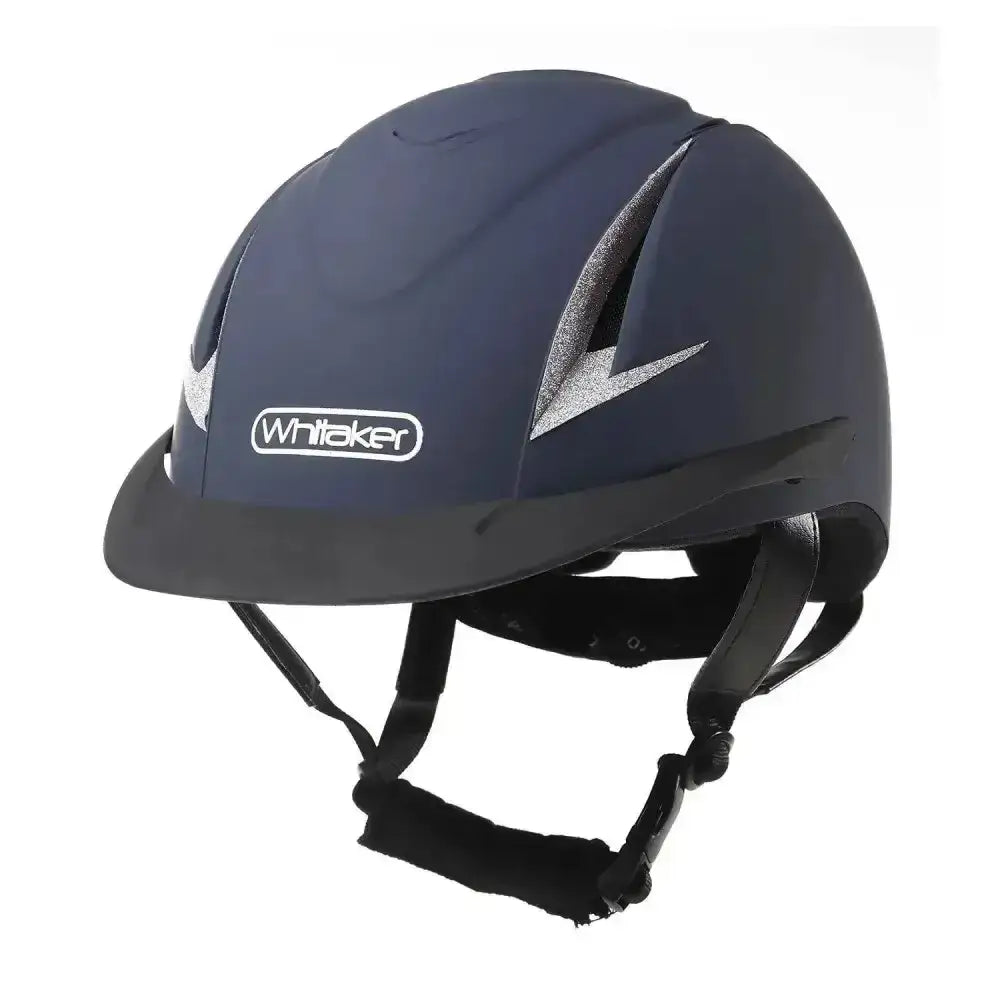 Dark blue whitaker nrg helmet with silver lightning bolt decals and black straps sparkles navy silver astm f1163-15 standard