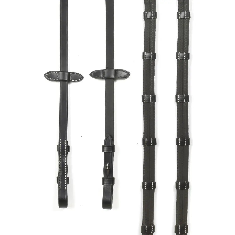 Black leather whitaker pick continental reins with white stitching and metal hardware in black billet style