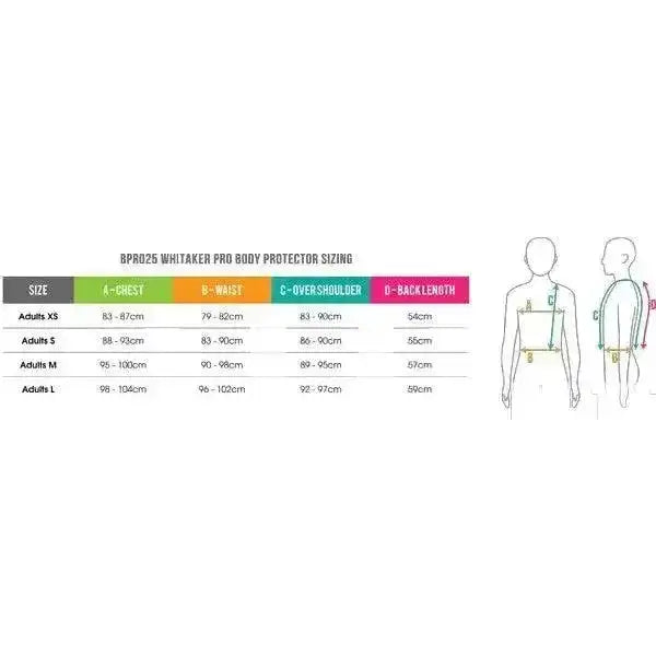 Whitaker pro body protector black sizing chart with color-coded chest waist shoulder and backlength measurements for adjustable fit velcro straps