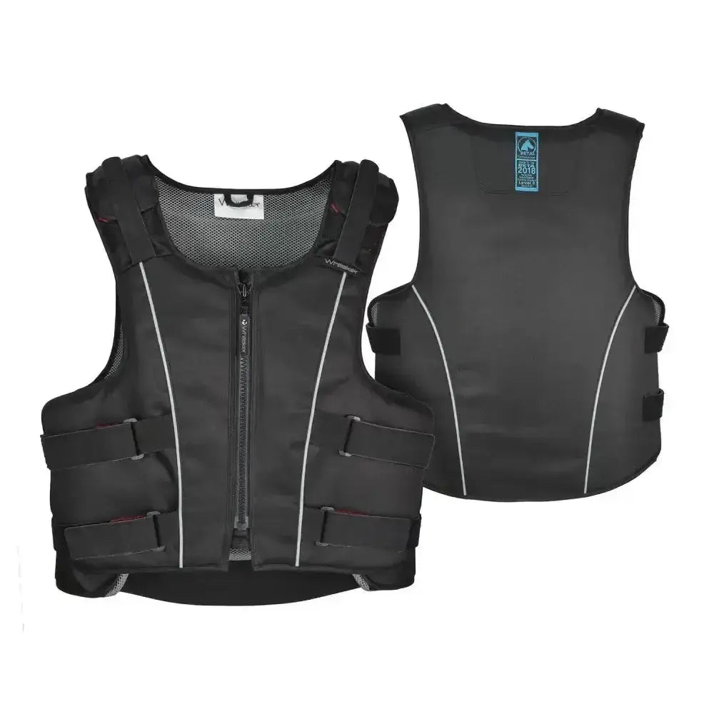 Black neoprene whitaker pro body zipped body protector with white stitching and adjustable fit velcro straps