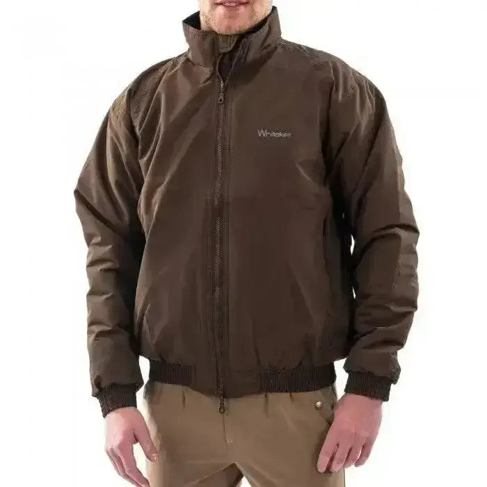 Brown whisker bomber jacket with full-length zipper and ribbed cuffs from whitaker rastrick reflective smug winter blouson