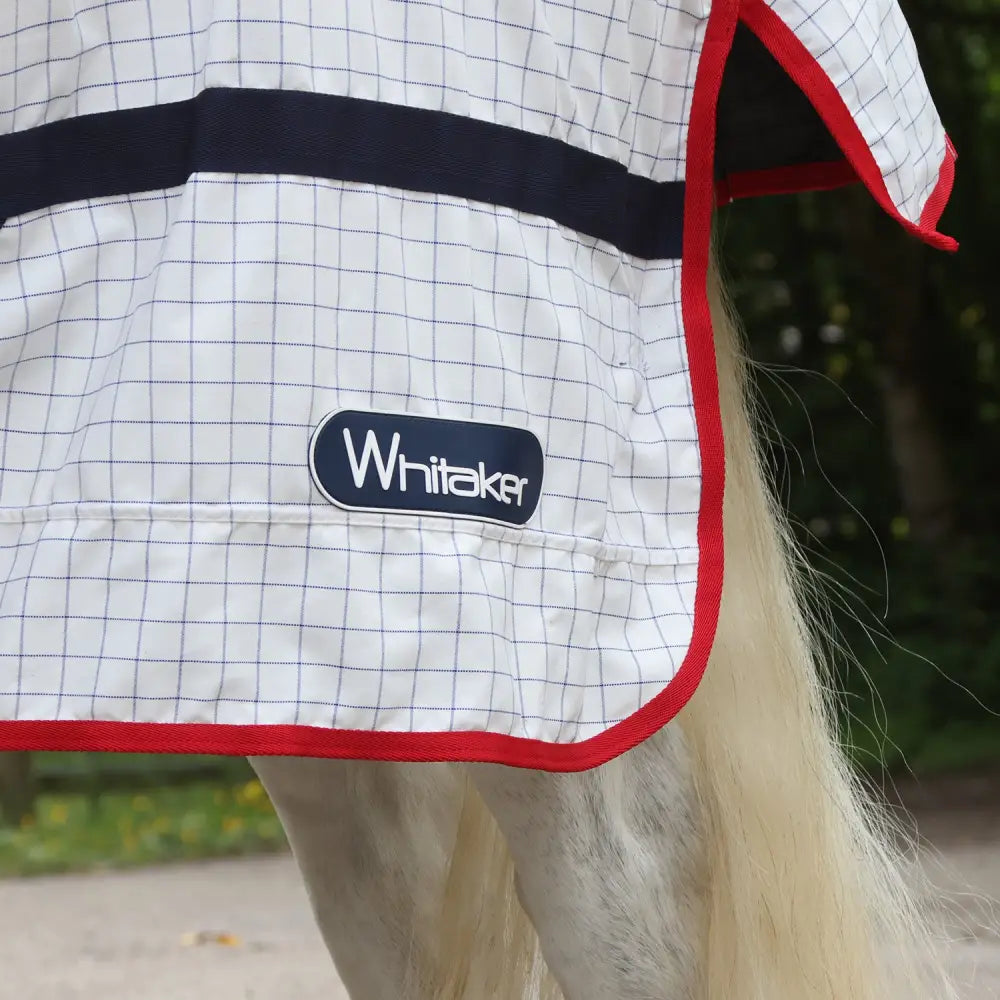 Whitaker R463 Rastrick cool rug white grid pattern with navy red trim and detachable hood Whitaker brand label